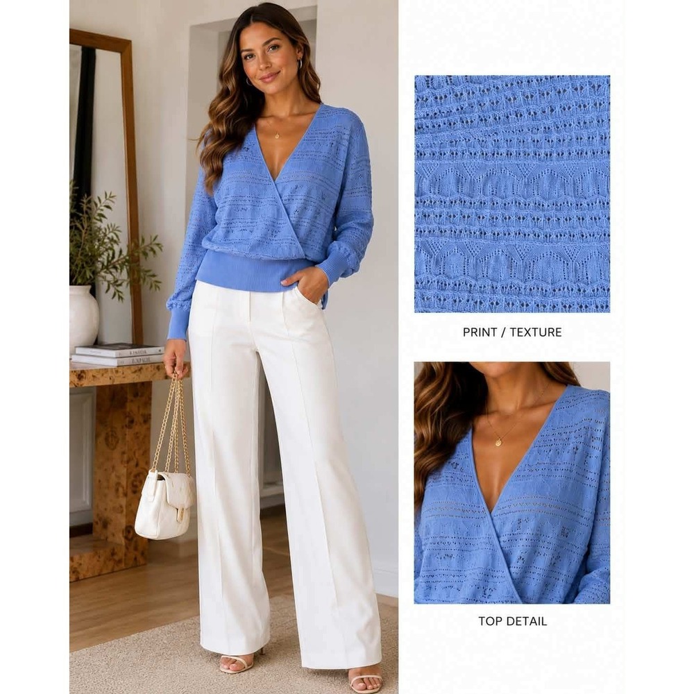INC International Concepts Blue Pointelle‎ Wrap Front Sweater Long Sleeve Large